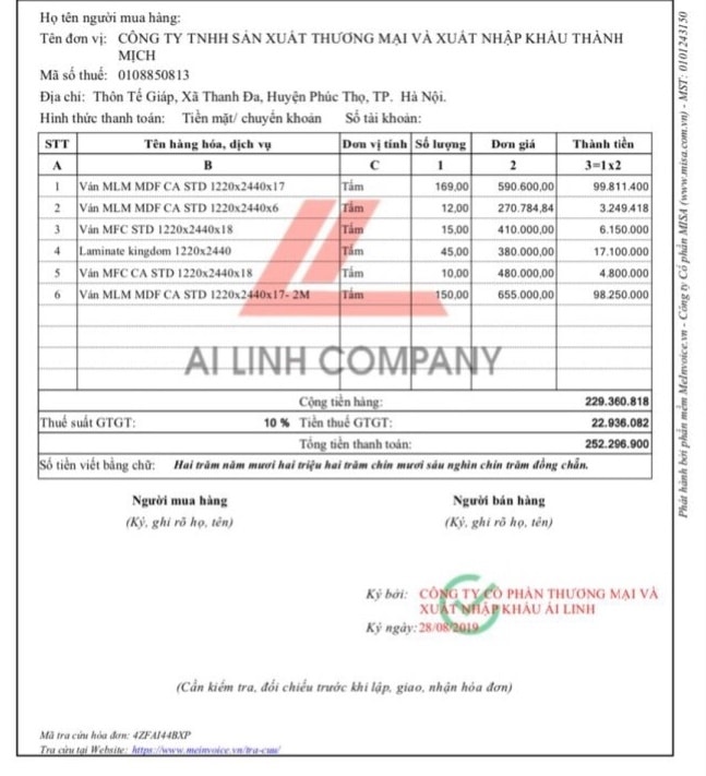 Hóa Đơn Điện Tử Gỗ Công Nghiệp An Cường